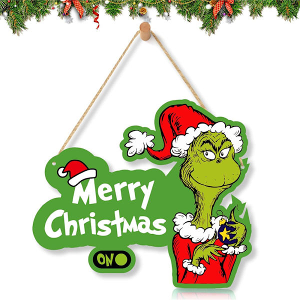 Grinch-skylt Julhängande Skylt Glad Grinchmas Trä Dörrskylt för Jul Vägg Träd Dekoration A