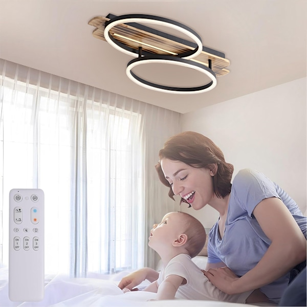 [3-dagers forsendelse] LED taklamper med tre - Trinnløs dimbar taklampe - 2 ringer moderne soveromslampe - Trespisestuelampe, med fjernkontroll 60x38cm
