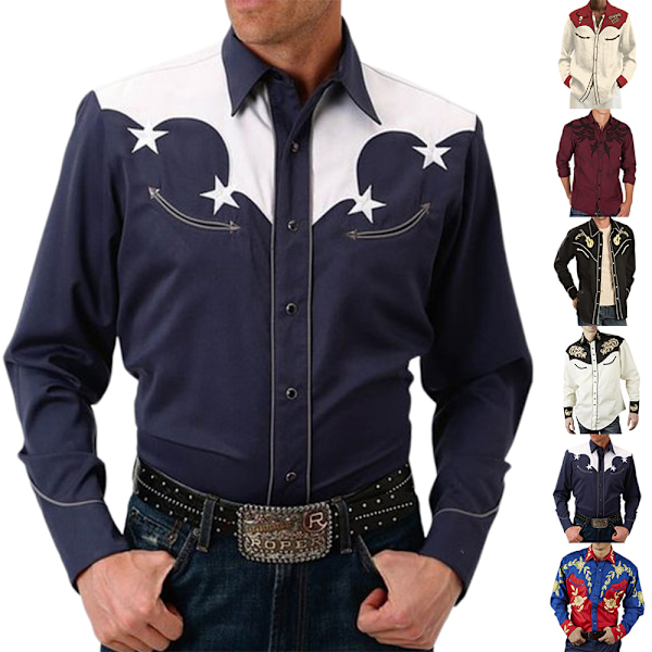 Herr Western Cowboy Långärmad Knappar Ner Skjortor T-shirt Casual Blus Toppar E S