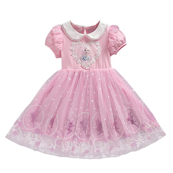 Barnflickor Elsa Princess Tulle Klänning Peter Pan Krage Babydoll Sommarklänning Fest Pink 140cm