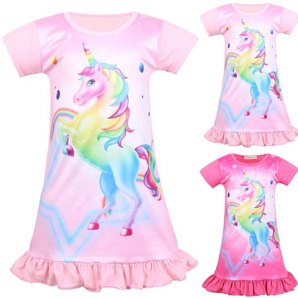 Barn Flicka Nattkläder Unicorn Nightie Nattlinne T-shirt klänning pink 140cm
