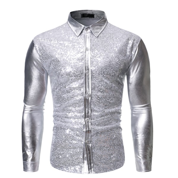 Miesten Vintage Metallinhohtoinen Paljetti 70-luvun 80-luvun Disco Pitkähihainen Napitettava Paita Slim Silver M