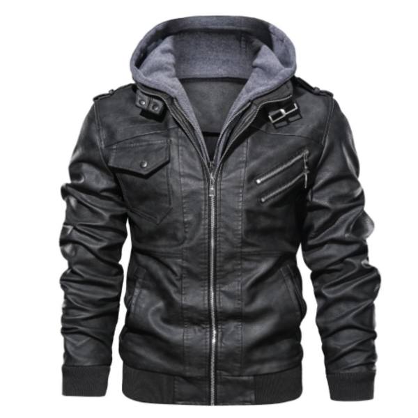 Herrejakke i skinn, motorsykkel, slim fit, hette PU-jakke, høst vinter, fritid, vindtett, herreklær, avtakbar hatt Black M