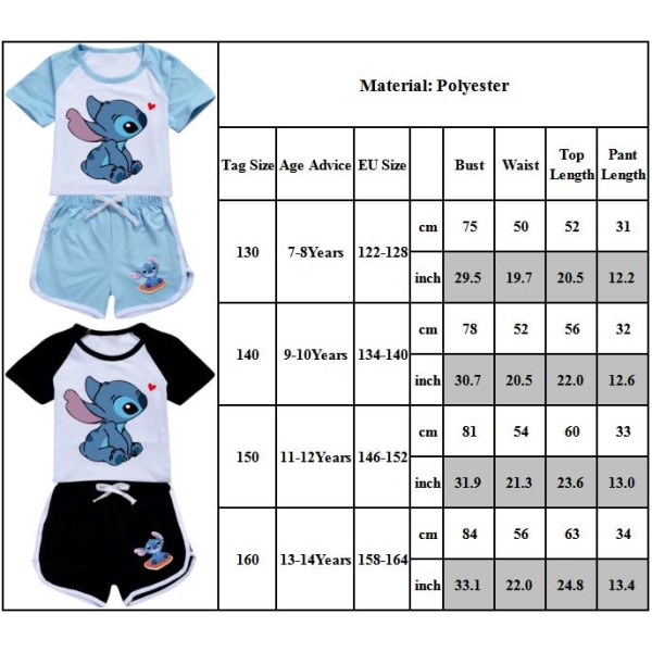 Barn Pojkar Flickor Lilo och Stitch Tecknad Print Set Casual T-shirt Shorts Outfit Light Blue 7-8 Years