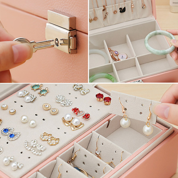 Smykkeskrin, Dobbeltlags PU læder opbevaringsæske til ringe øreringe armbånd halskæder smykkeorganisator gaveæske til piger kvinder Pink