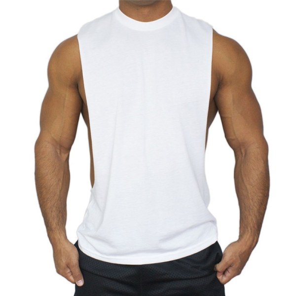 Enfärgad, ärmlös, låg sportskjorta för män med heltryck white 2XL