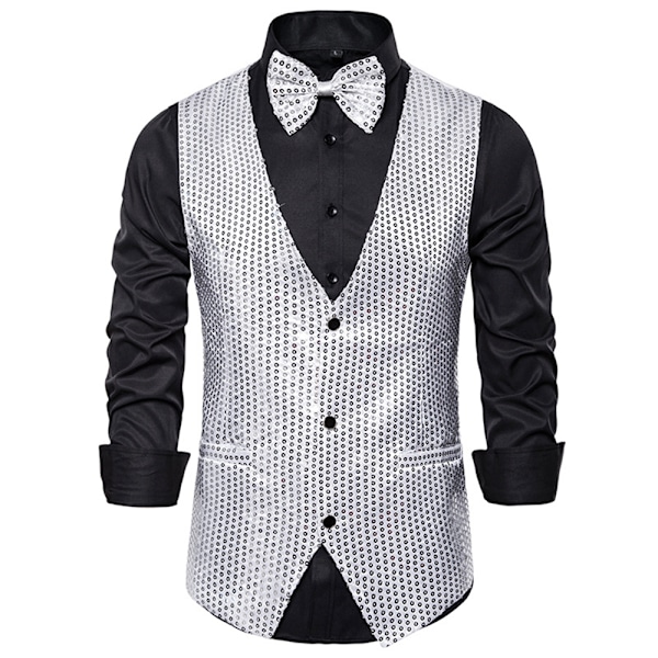 Miesten paljettiliivit + rusetti napillinen liivi glitterliivi bisnes tanssiaisasupuku Silver 2XL