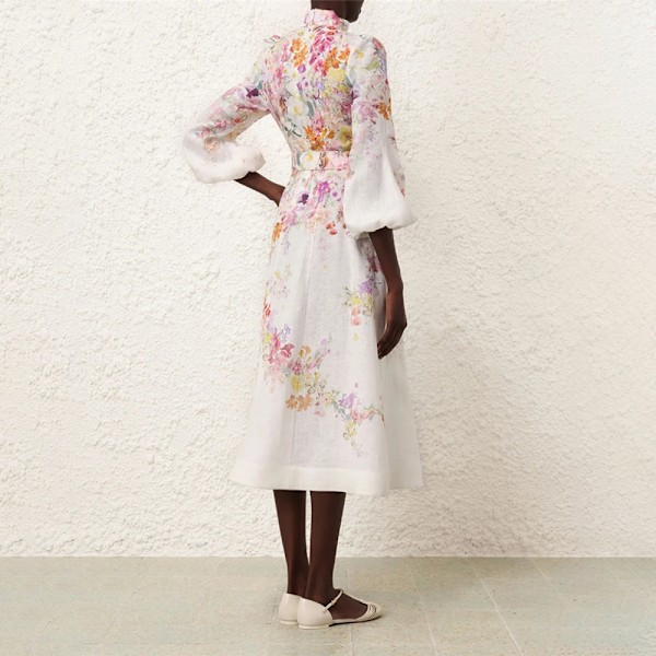 Zim Style Luminosity Trykt Linned Midi Kjole Damekjole Mode Temperament Retro Stående Hals Slips Enkelt Knaplukning Dame Lang Kjole Med Bælte M