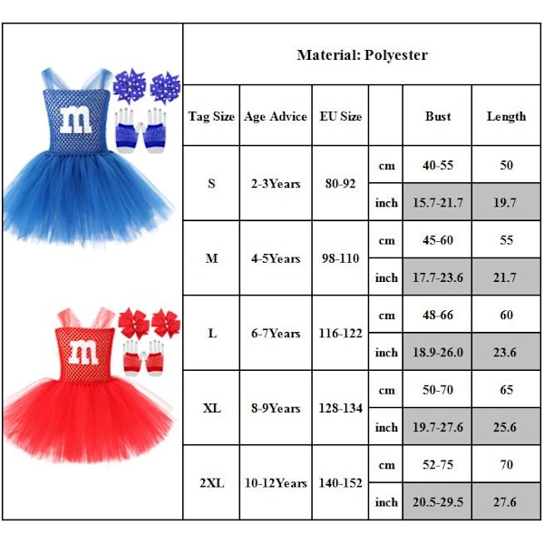 M&M's Kostym Hårspännen Handskar Set Barn Flickor Tutu Tyllklänning Maskerad Big Red M