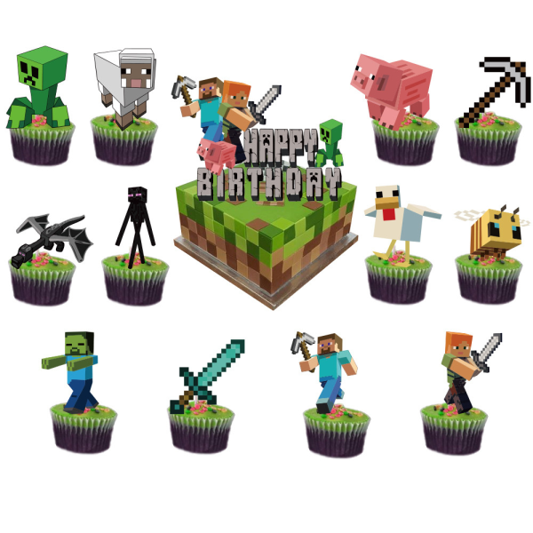 Minecraft Tema Födelsedagsfest Dekor Ballonger Set Cake Toppers