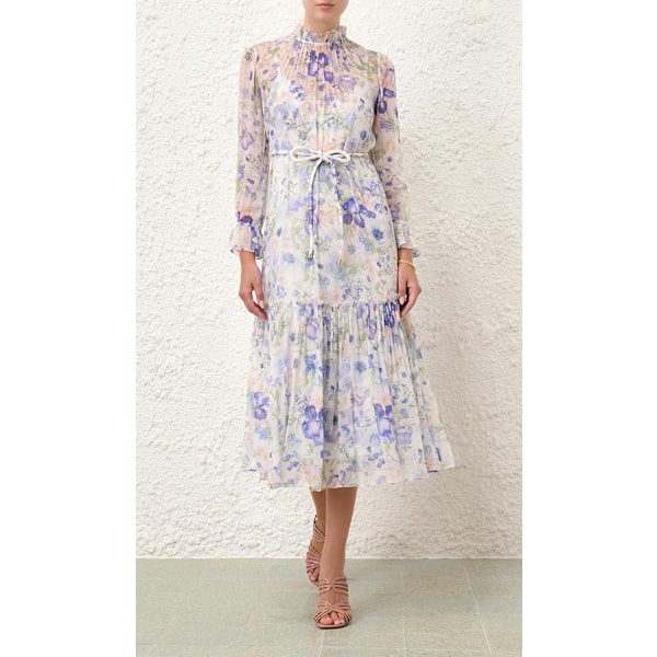NATURA TUBULAR MIDI Kjole 2025 Sommer Dame Mode Temperament Retro Stående Hals Slips Flare Ærmer Dame Lang Kjole M