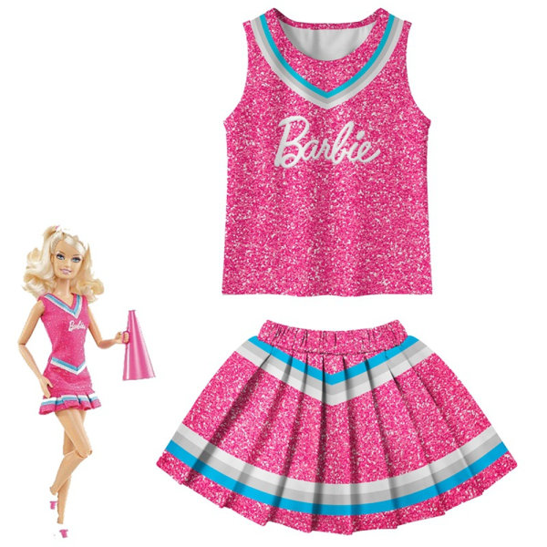 Flickor Barbie Cheerleader Cosplay Tank Tops Kjolar Uniform Outfit rose red 140cm