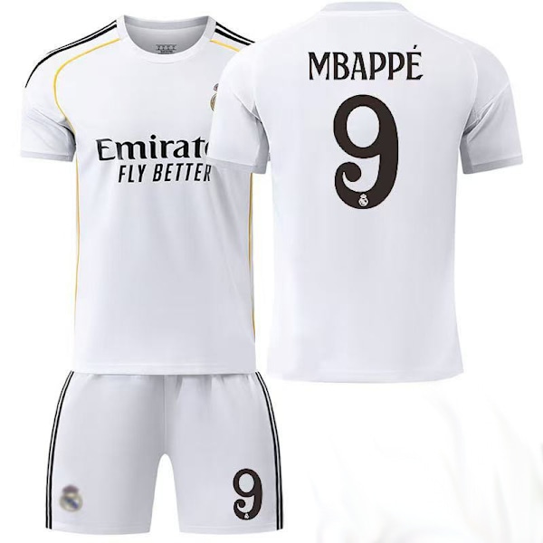 25-26 Real Madrid Hemma Fotboll Barn Fotbollströja Mbappé #9 Sportkläder Fotbollsuniformer Med Strumpor 22