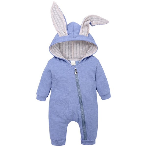 Baby Romper Söt Kanin 3D Öron Hoodie 1-Delad Dragkedja Body Blue 90