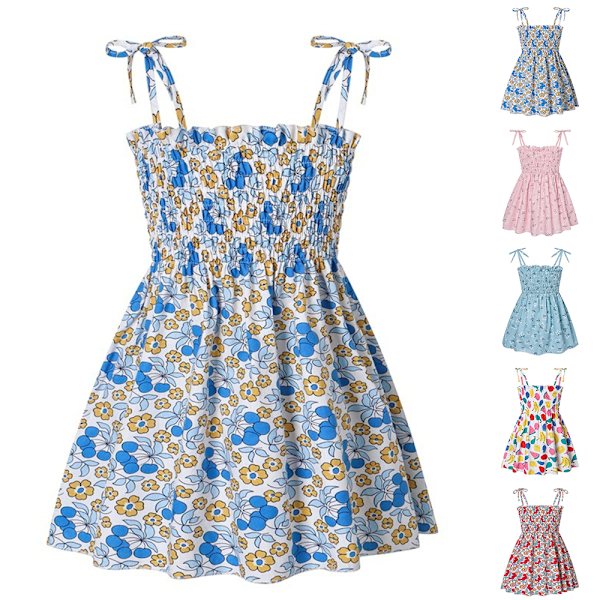 Småbarn Barn Baby Flickor Sommar Ärmlös Semester Klänning Blommig Strandklänning B 100cm