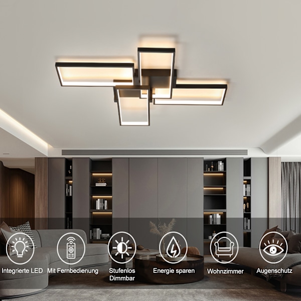 [3-dagers forsendelse] LED taklamper - Trinnløs dimbar taklampe - 4 rektangler, 90*65cm Black