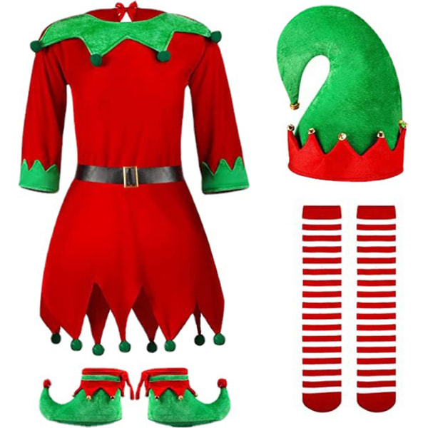 Flickas jultomteklädsel med hatt, skor och strumpor 150cm