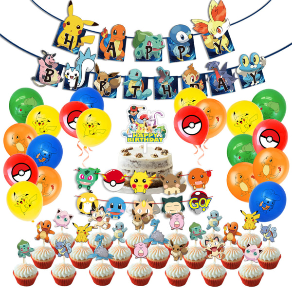 Pikachu Tema Födelsedagsdekorationer Banner Ballonger Tårta Toppers