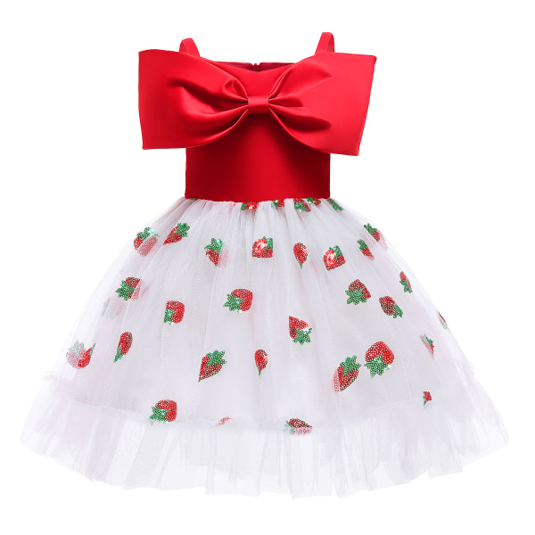 Flickor Strawberry Paljetter Mesh Princess Dress with Sling Tutu Red 6~7Y