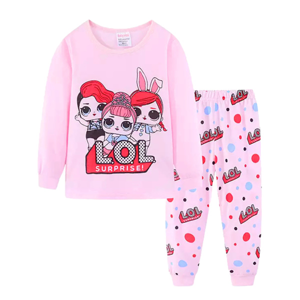 2-delat pyjamas set med långa ärmar för flickor, nattkläder med tecknad docka A 120cm