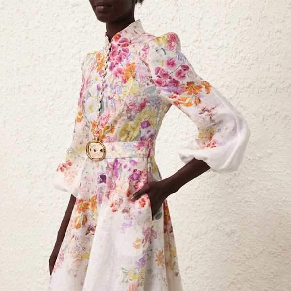 Zim Style Luminosity Trykt Linned Midi Kjole Damekjole Mode Temperament Retro Stående Hals Slips Enkelt Knaplukning Dame Lang Kjole Med Bælte M