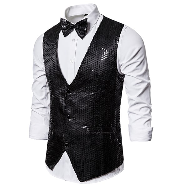 Miesten paljettiliivit + rusetti napillinen liivi glitterliivi bisnes tanssiaisasupuku Black M