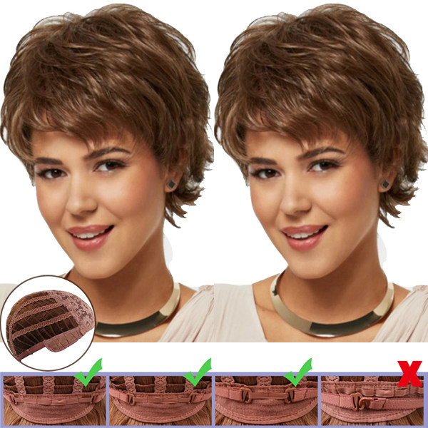 Kort brun peruk för damer _ moderiktig kort lockig peruk brown 28cm
