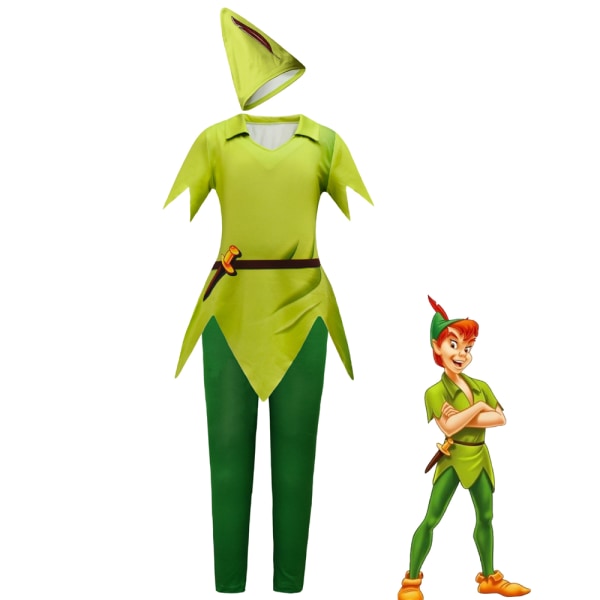Barn Peter Pan Halloween Maskeraddräkt Grön Tomte Topp Byxor Hatt Set 130cm