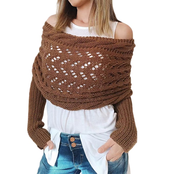 Strikkegensere for kvinner Skjerf Mote Elegant skjerf med erme Høst Vinter Varm utendørs Dark Brown