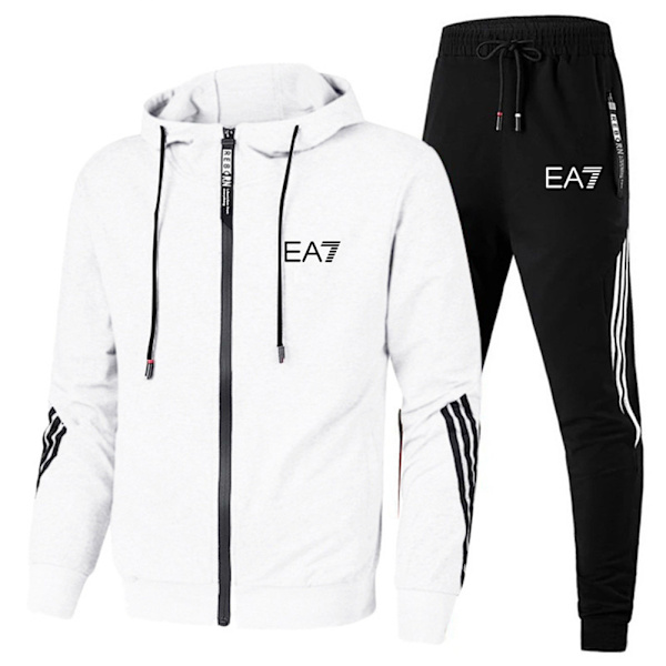 Miesten vetoketjullinen painettu hupparitakki, pitkät collegehousut, lenkkeilyhousut, urheilu- ja kuntosali-verryttelypuku White 2XL