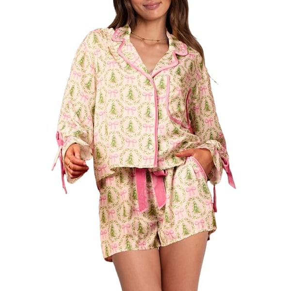 Dam 2-delat Julpyjamasset Fluga Långärmad Skjorta Volangshorts Färgglatt Jultomte Tryck Pyjamas Set Julklappar Green S