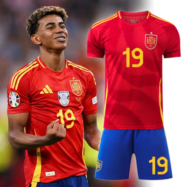 Fotbollströja 2024 UEFA Europamästerskap Spanien Barn Fotbollströja Set Hemma Nr 19 LAMINE YAMAL Jersey Kit 26