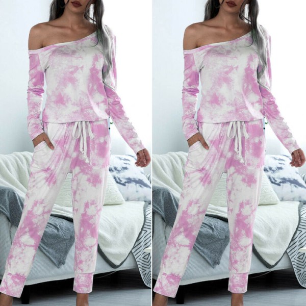 Kvinnors Tie Dye Printed One Shoulder Jumpersuit Casual Loungewear Pink L