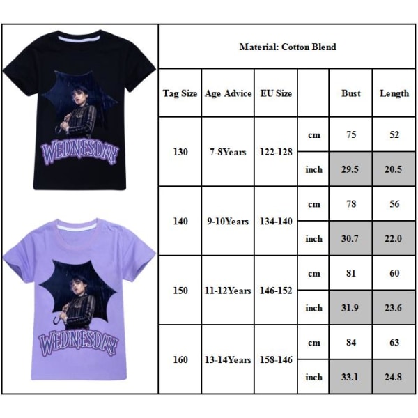 Girl's Wednesday grafisk T-shirt kortärmad film tecknad t-shirt purple 130cm