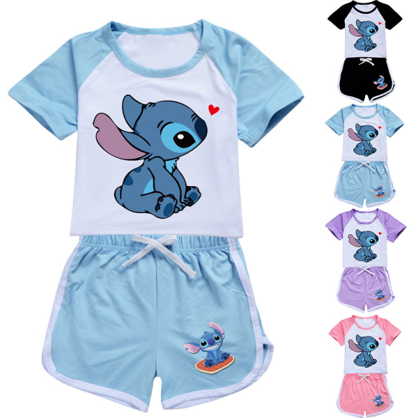Barn Pojkar Flickor Lilo och Stitch Tecknad Print Set Casual T-shirt Shorts Outfit Light Blue 11-12 Years