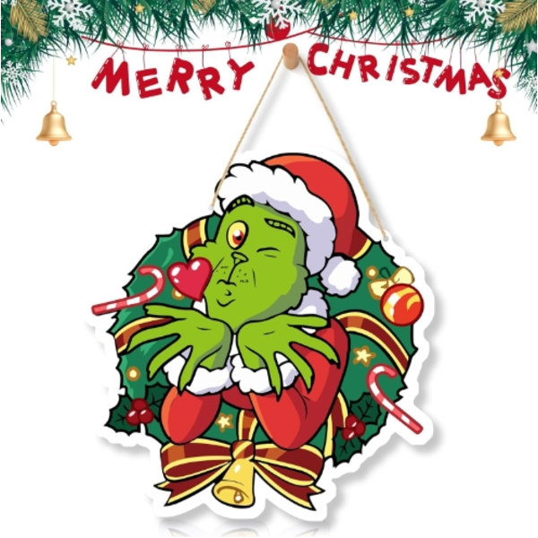 Grinch-skylt Julhängande Skylt Glad Grinchmas Trä Dörrskylt för Jul Vägg Träd Dekoration D