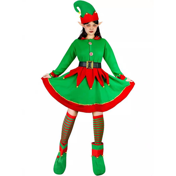 Jultomtekostym för kvinnor i sammetklänning, Santas hjälpare-kostym, juloutfit, tomteluva, skor, öron, bälte, strumpor M
