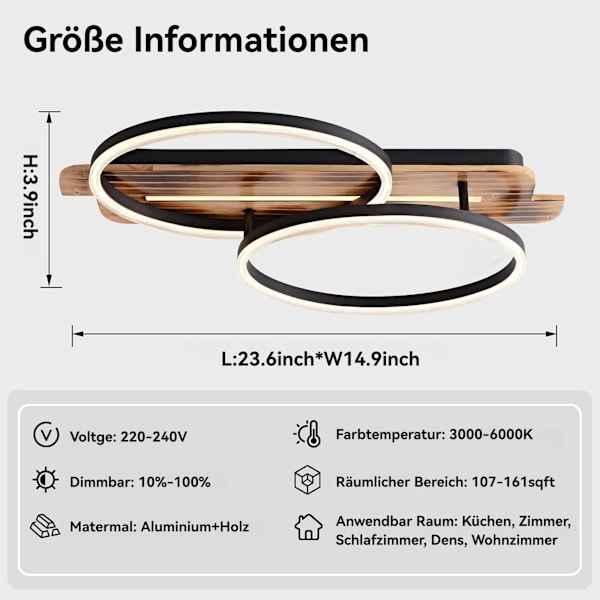 [3-dagers forsendelse] LED taklamper med tre - Trinnløs dimbar taklampe - 2 ringer moderne soveromslampe - Trespisestuelampe, med fjernkontroll 60x38cm