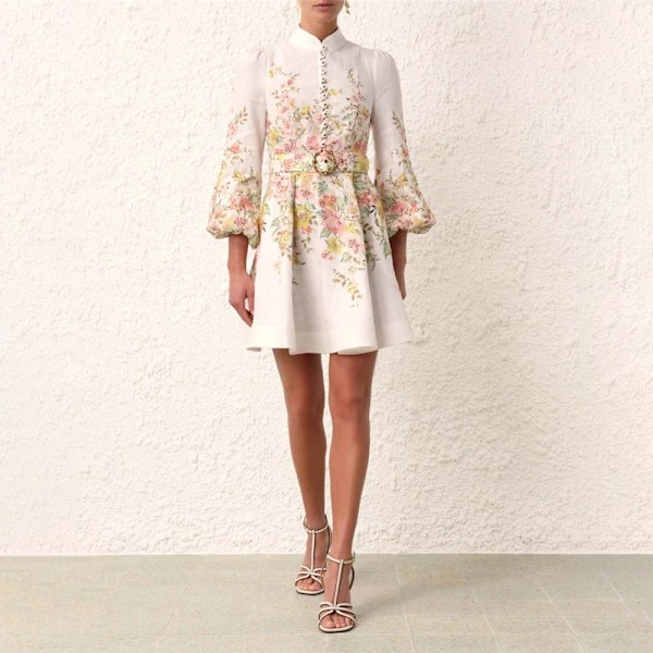 Zim Style Matchmaker Knapbælte Printet Linned Mini Kjole Damekjole Mode Temperament Retro Enkeltknappet Dame Kort Kjole Med Bælte White 2XL