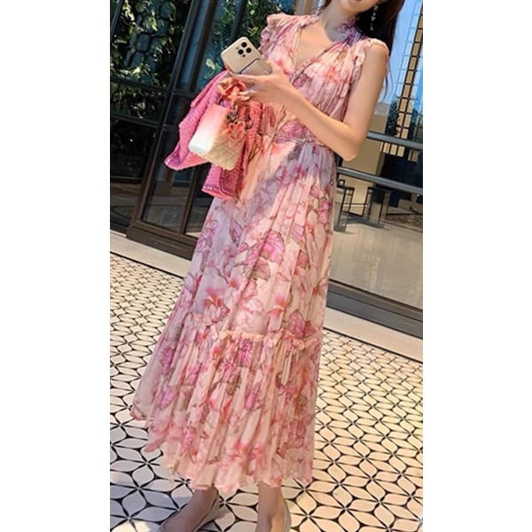 MATCHMAKER FLUTTER MIDI KLÄNNING Dam Sommarklänningar Blommig Solklänning Bälte V-ringad Slip Midi Semesterklänningar Pink 2XL