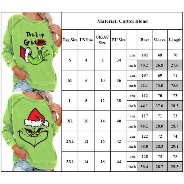Dame Jule Grinch Sweatshirt Hættetrøjer Langærmet Bluse Jule Pullover Top C 2XL