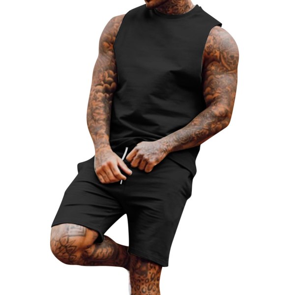 2-delad träningsdräkt för män ärmlös T-shirt och shorts set black 3XL