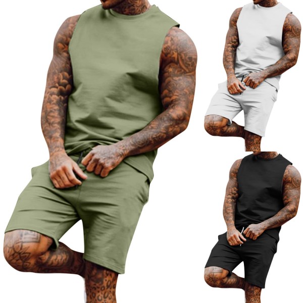 2-delad träningsdräkt för män ärmlös T-shirt och shorts set black 3XL