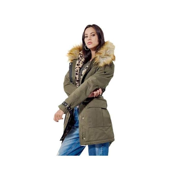 Damparka - Kaporal Lofty Khaki - Hög krage med avtagbar huva - Quiltat och leopardpälsfoder Kaki XS