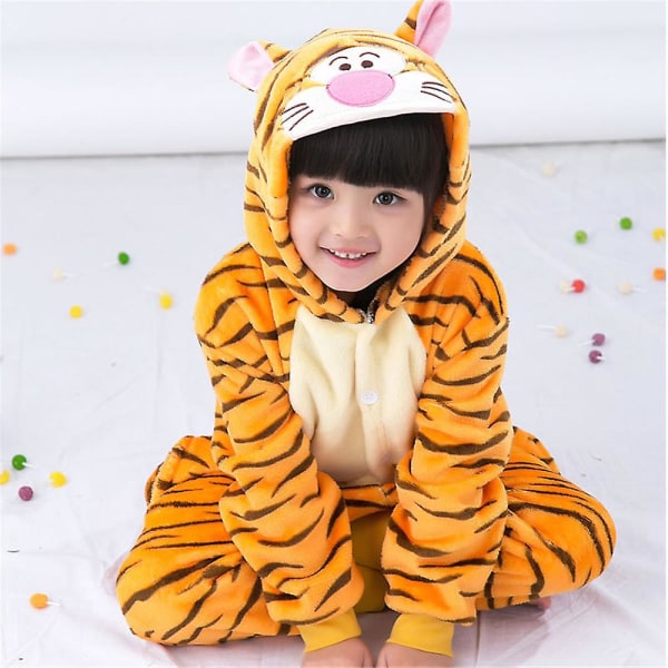 Unisex barn flanell Onesie Pyjamas, Cosplay djurdräkt One Piece Halloween Nattkläder för pojkar flickor Tiger Tiger 5-6Years