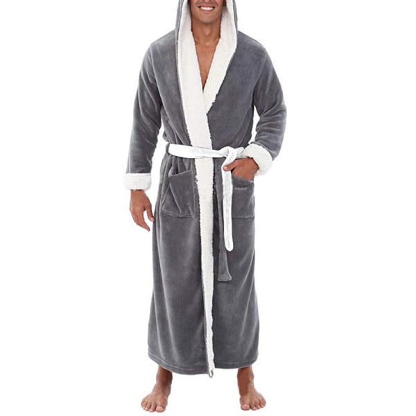 Morgonrock för män Tjock Fleece Varm Hoody Wrap Robe ovkläder Grey S