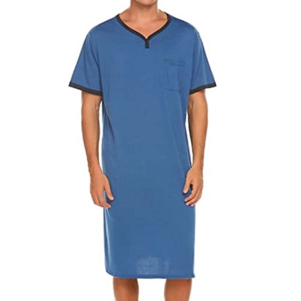 Herrpyjamas Casual kortärmad lång nattskjorta Mjuk nattkläder Royal blue 2XL