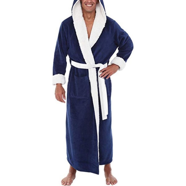 Morgenkåbe til mænd Tyk Fleece Varm Hoody Wrap Robe overtøj Blue S