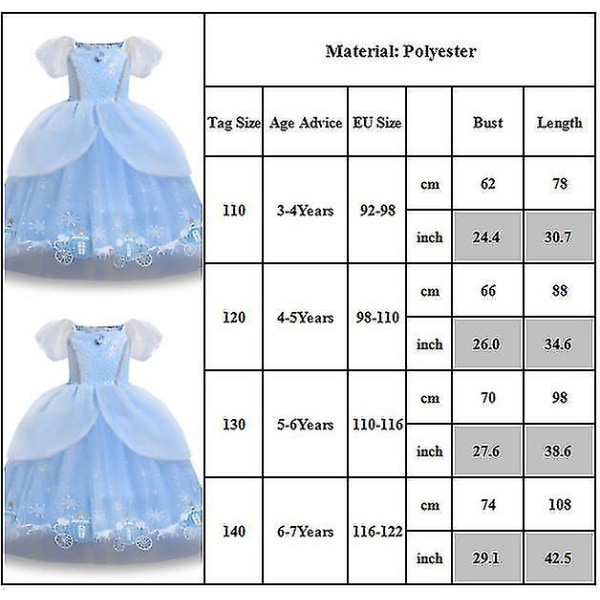 Prinsessakleidun lapset tytöt Tuhkimo Elegantti prinsessa Tulle Tutu mekko syntymäpäiväjuhlat Cosplay-asu 120cm