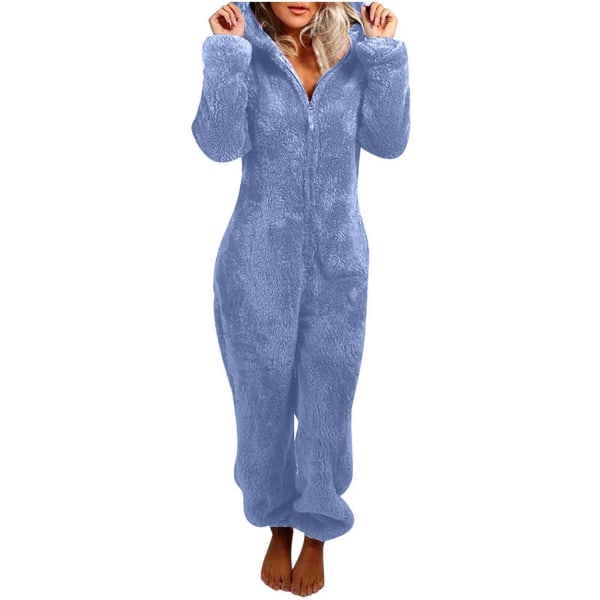 Naisten talvi Fluffy Fleece Hupullinen Allt i en Jumpsuit Blue L